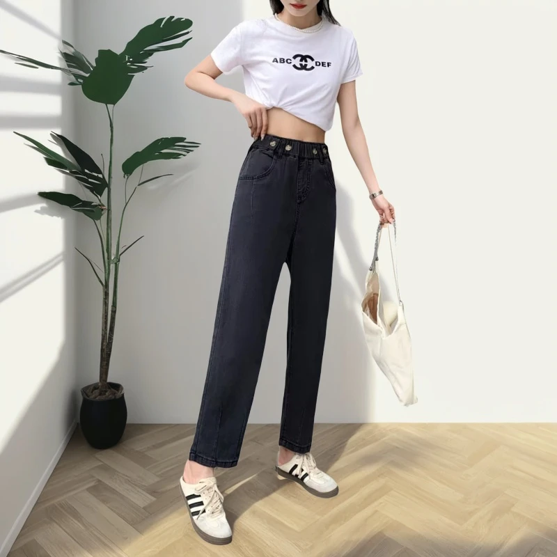 梦小美大码女夏季新品松紧腰腰多粒扣纯色天丝牛仔裤老爹裤4036