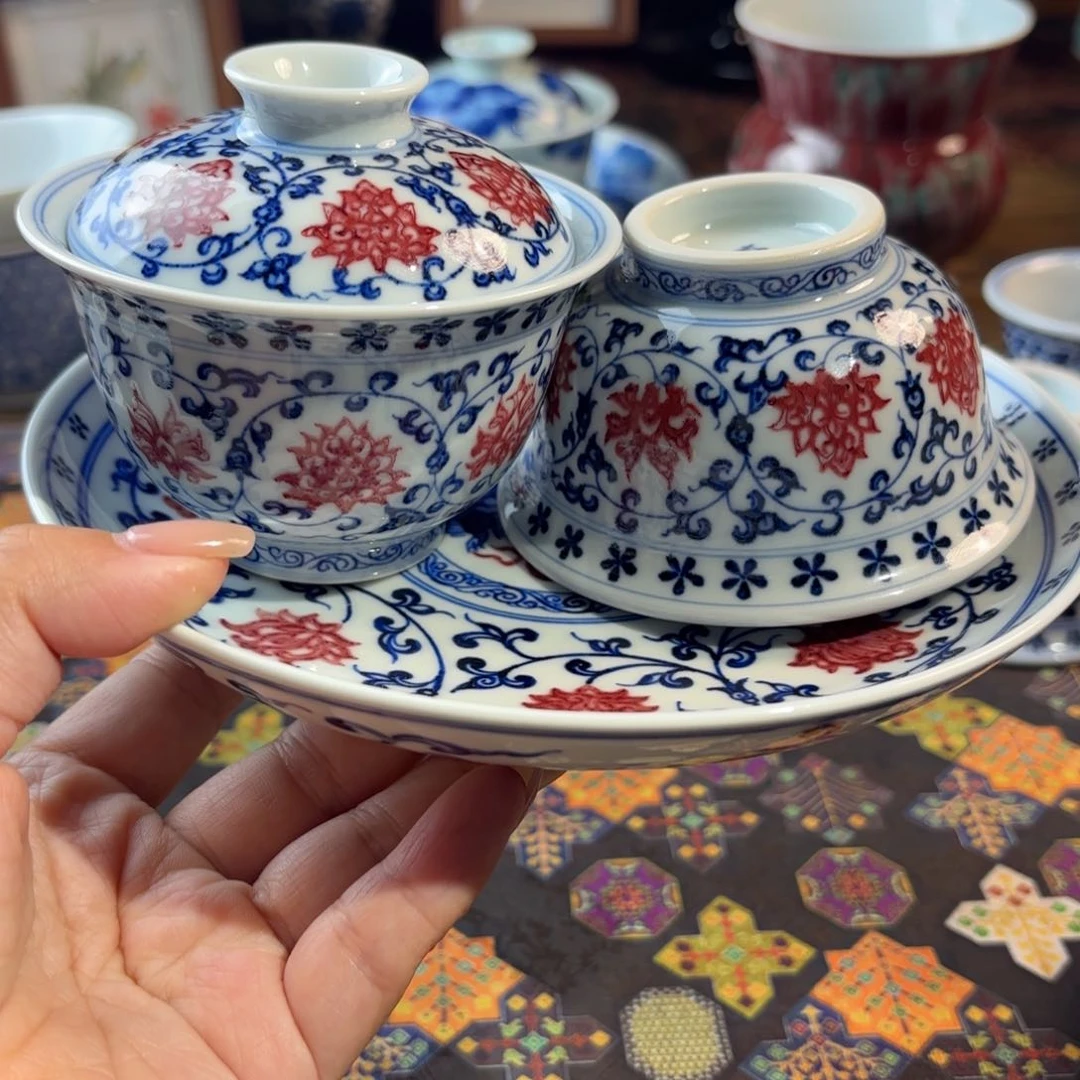 陶孤品青花手绘杯杯杯套组
