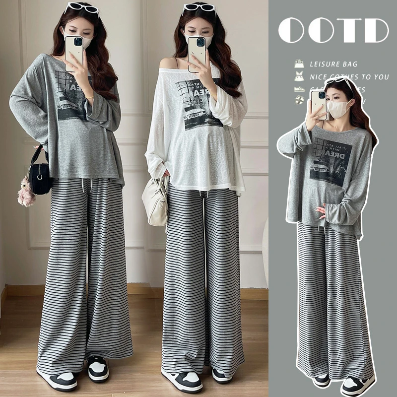 孕妇装2025早秋新款气质减龄防晒长袖条纹抽绳阔腿裤两件套