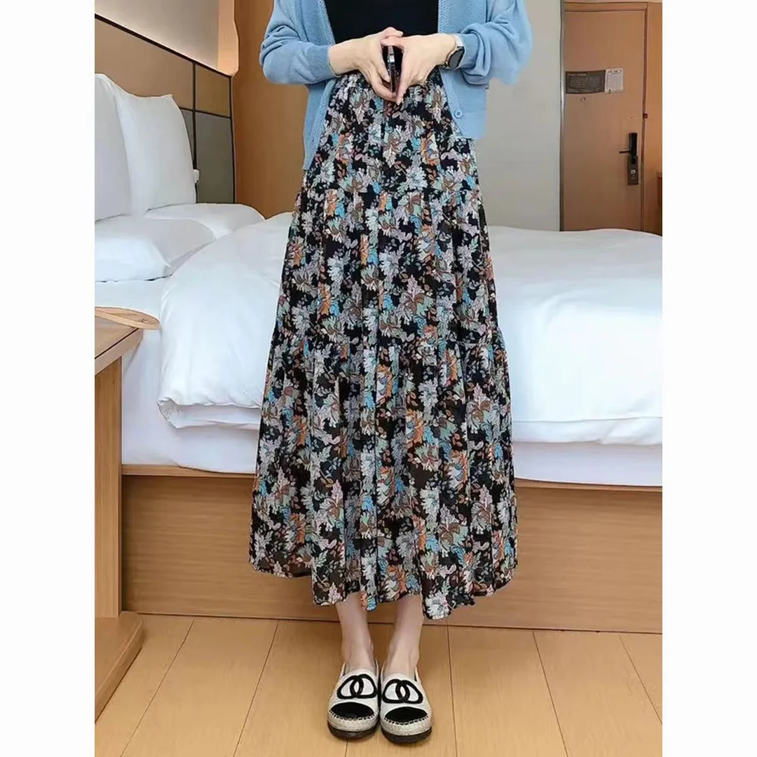 法式复褶皱碎花半身裙女2025春夏新款韩版松紧腰百褶裙洋气裙子潮