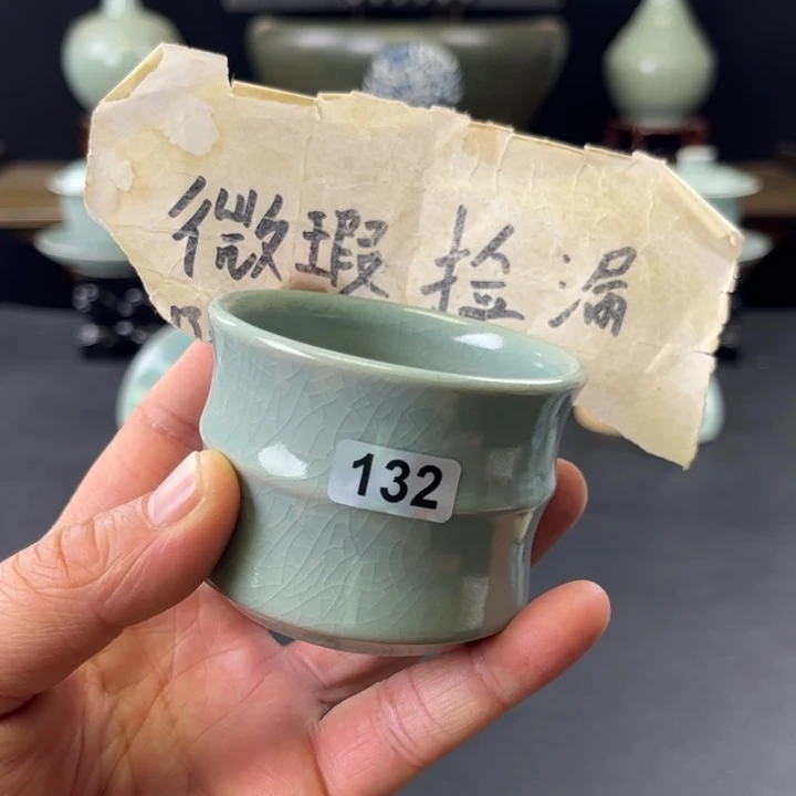 杯仿古釉汝官窑竹节杯132号微瑕捡漏