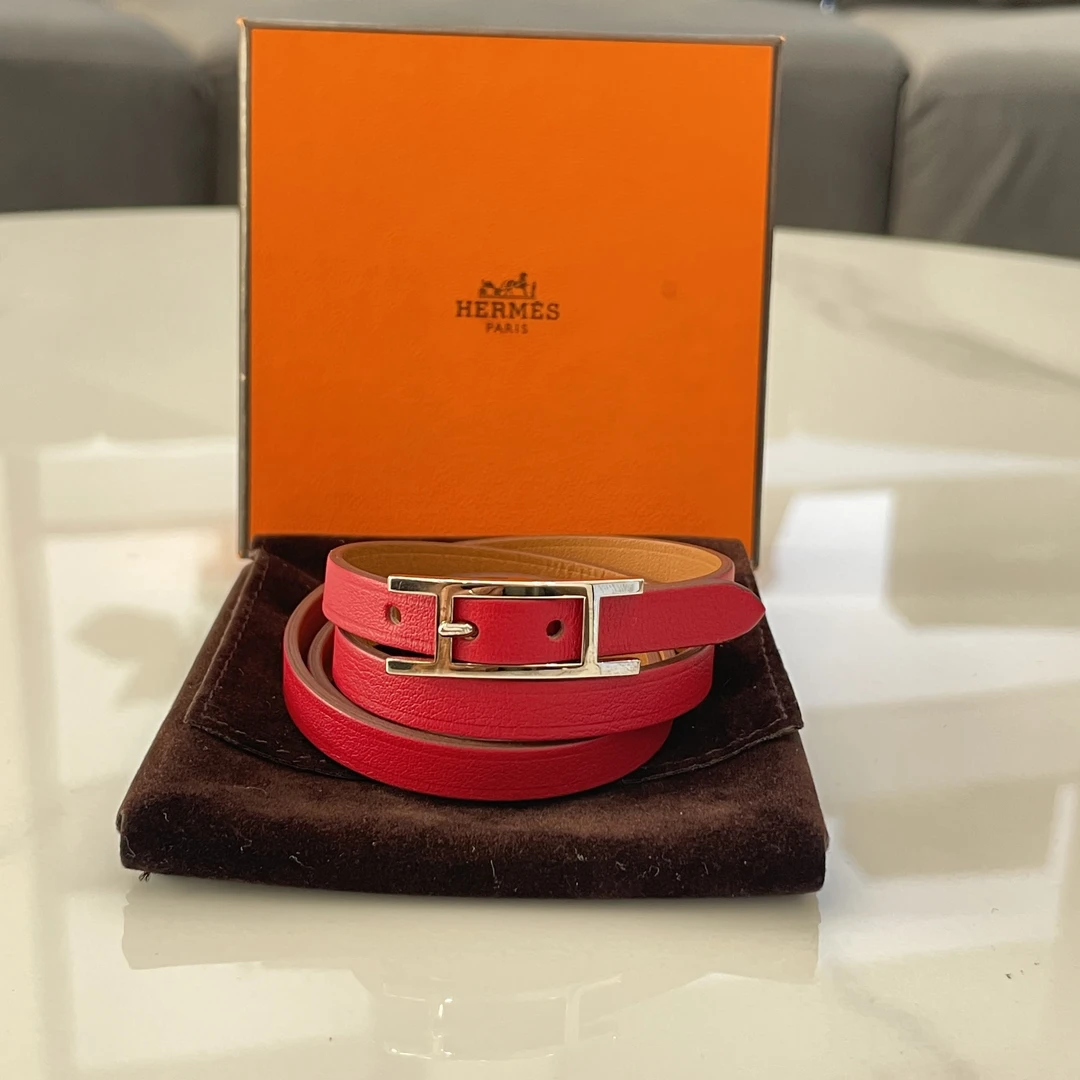90新 Hermes/爱马仕 爱马仕红色银扣手环