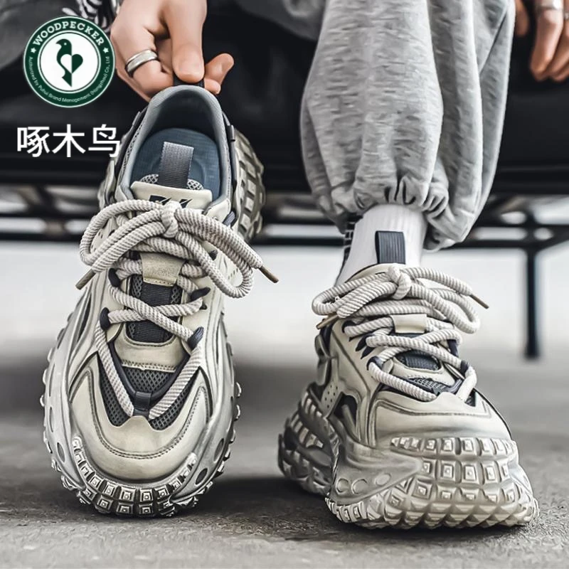 啄木鸟男鞋新款透气网面青少年运动鞋男潮流百搭轮胎底厚底老爹鞋
