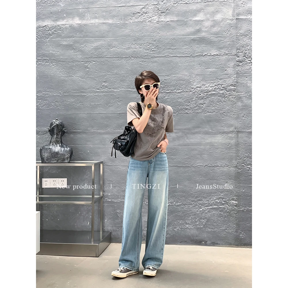 DUOXINIU/多喜牛TingZi复古蓝高腰显瘦直筒阔腿裤夏季女款牛仔裤