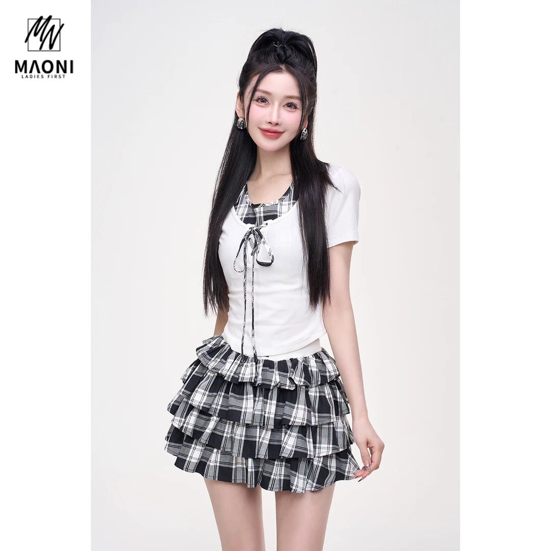 毛妮Peshe【氧气海盐】假两件挂脖T恤格纹拼接系带辣妹上衣 L1568