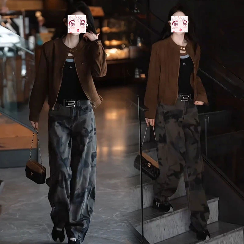 潮流个性街头风气质高腰阔腿迷彩裤子短款长袖外套秋季酷飒两件套