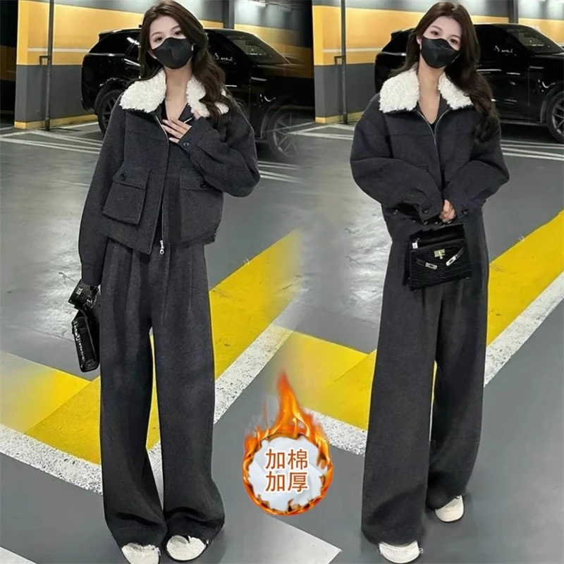 拉夏贝尔加厚保暖时尚套装女2025秋冬新款短外套阔腿裤休闲两件套