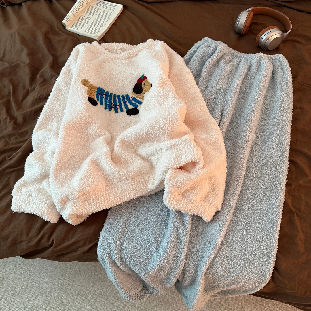 可爱腊肠小狗睡衣女冬季加绒加厚半边绒保暖韩系网红风家居服套装