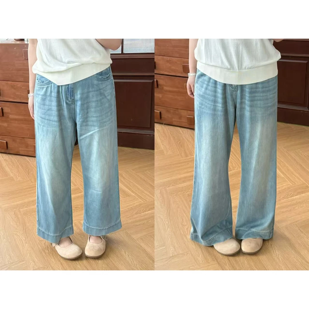 晶咕佳佳【蓝色晴空】蓝色无弹显瘦长裤时尚高腰休闲百搭水