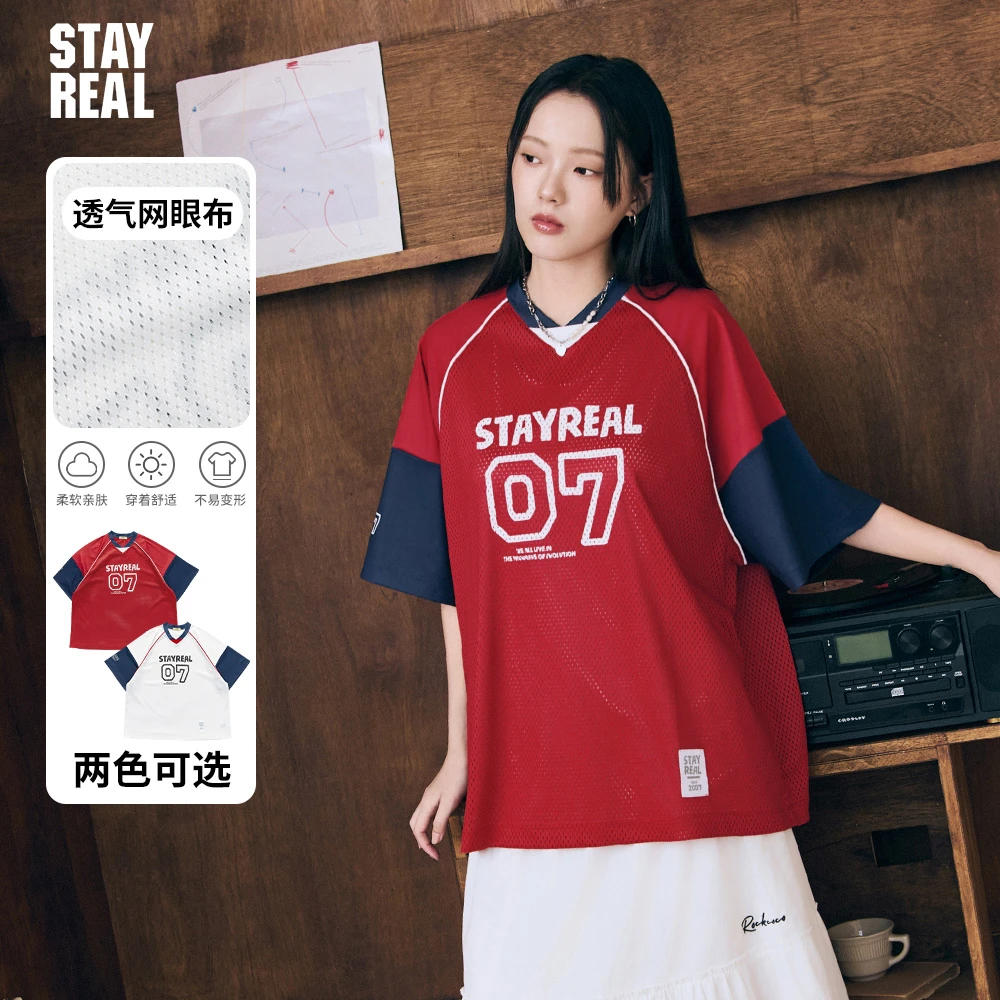 STAYREAL潮牌REAL宽版球衣T恤潮流男女情侣短袖棉夏季新品百搭