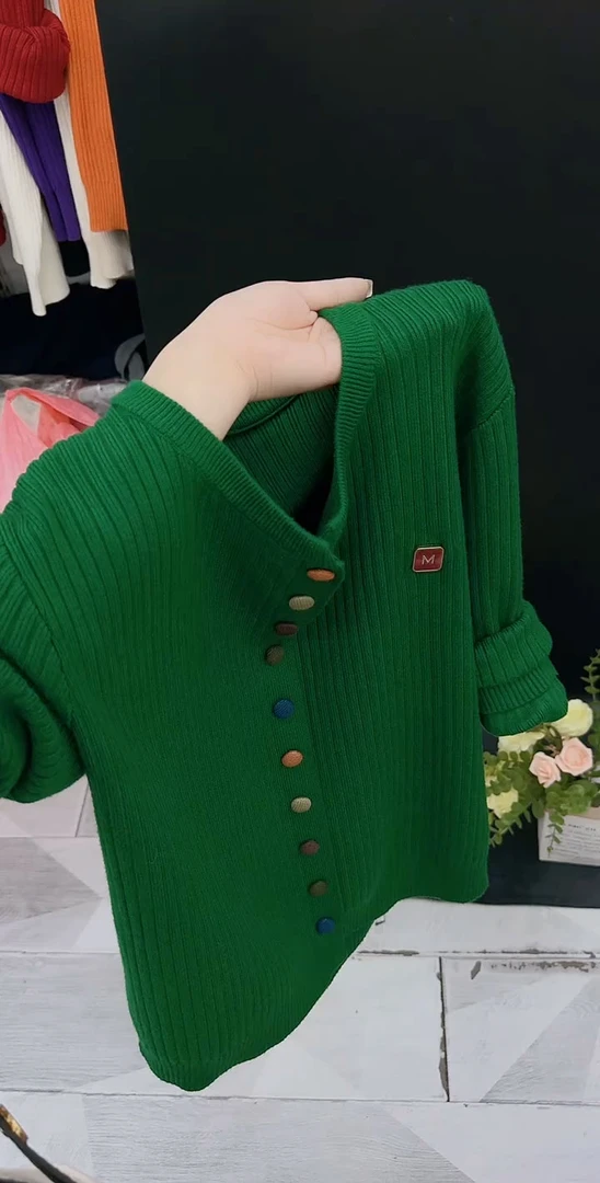 2025秋冬款圆领彩色糖果纽扣针织衫设计感打底百搭洋气长袖上衣潮