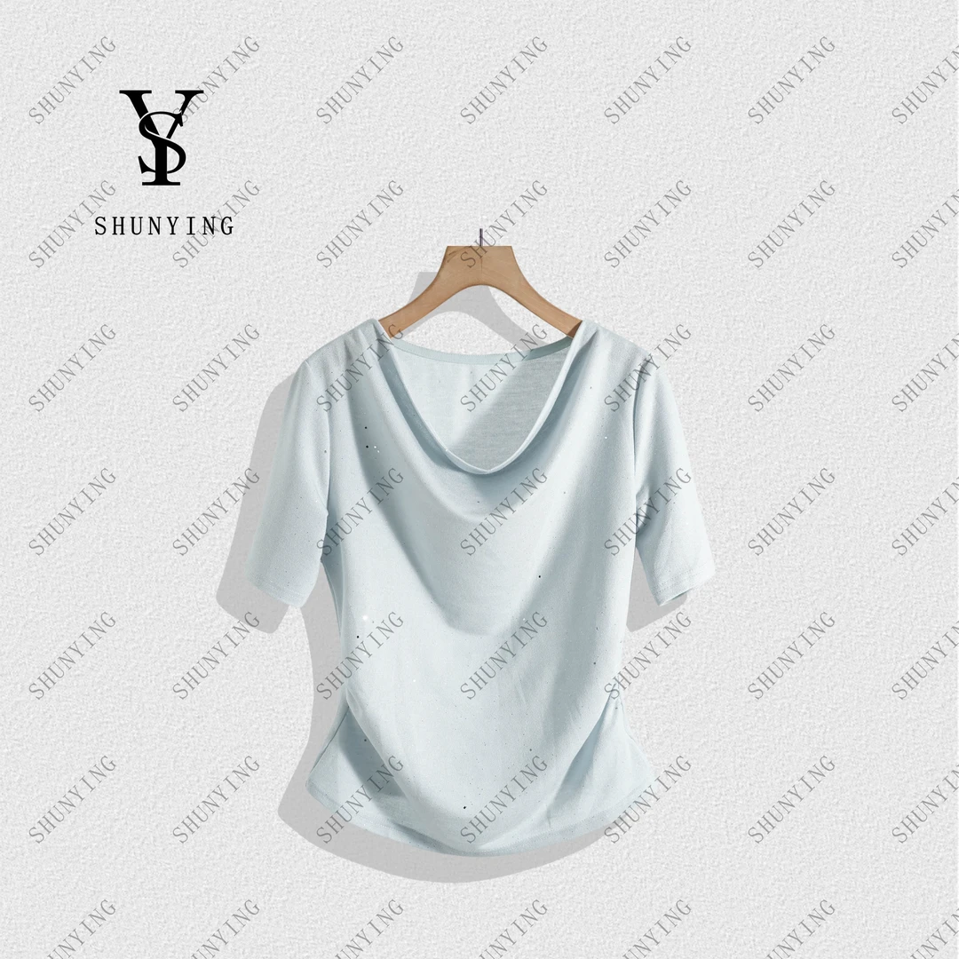 【顺瀛】自带洋气感！时尚显瘦设计感气质荡领亮丝短袖T恤SY72T25163