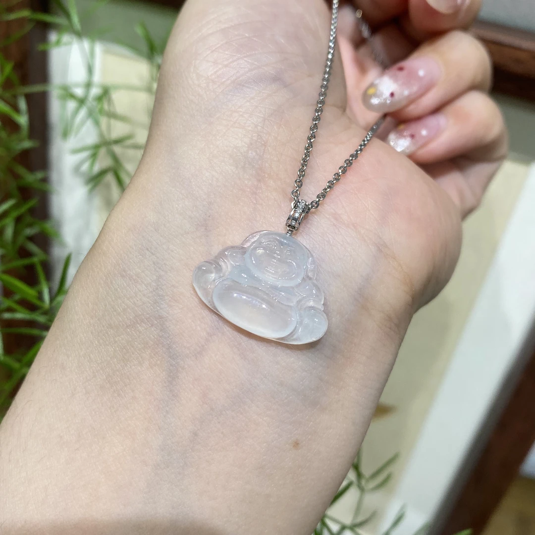 白冰佛公吊坠天然缅甸翡翠A货18k金扣头