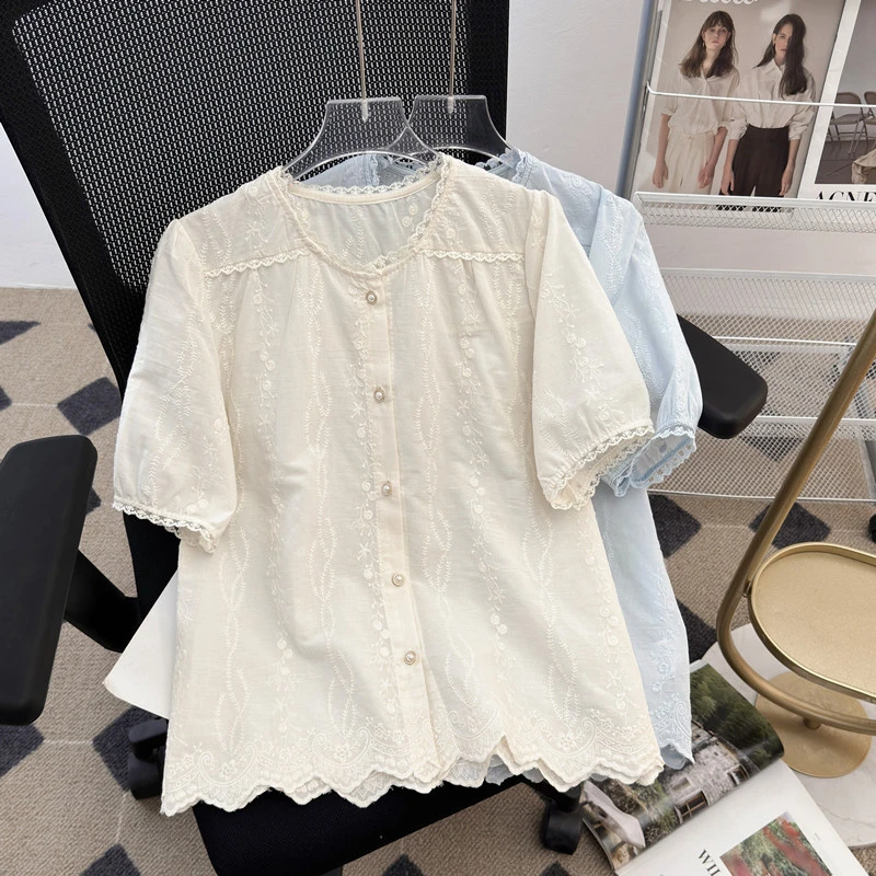 季念100%棉夏季新款刺绣短袖上衣女轻奢洋气百搭绣花设计感衬衫女