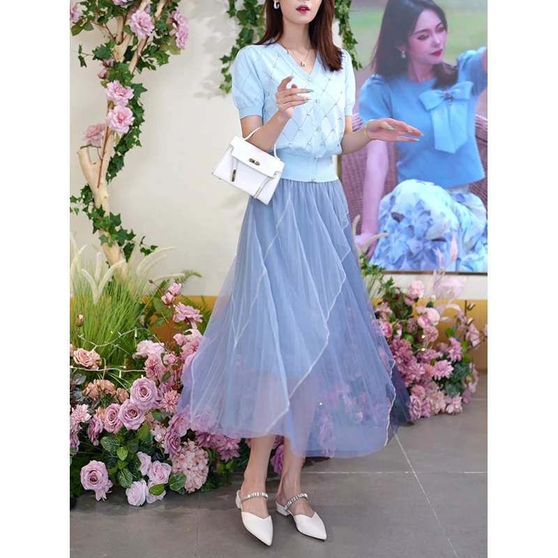 夏季松紧腰显瘦垂感撞色拼接A字中长款百褶裙长裙女2252