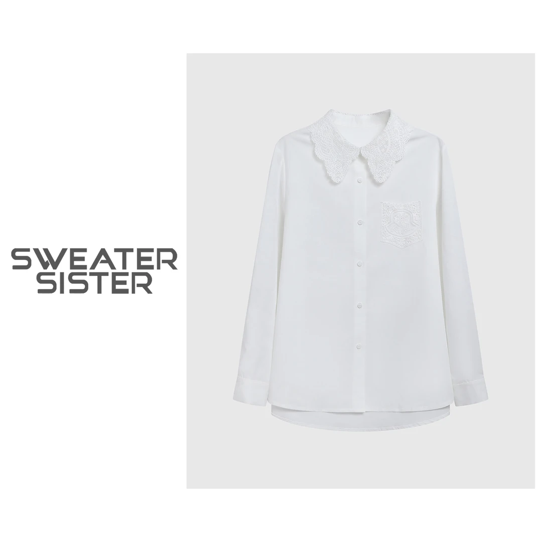 早春蕾丝领单排扣女士衬衫洋气百搭上衣女626-017