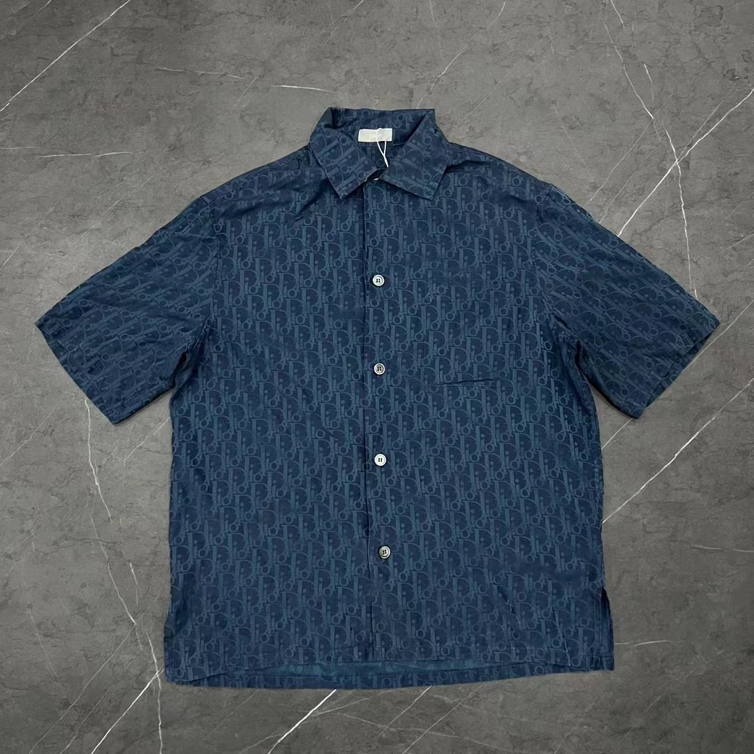 99新 DIOR/迪奥 38码 丝绸深蓝满印老花logo短袖衬衫