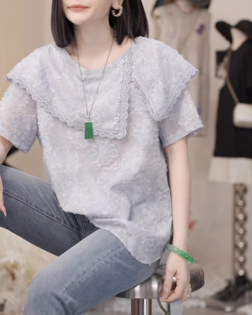 2025夏季新款小众设计感气质百搭上衣出游度假风精致提花短袖小衫