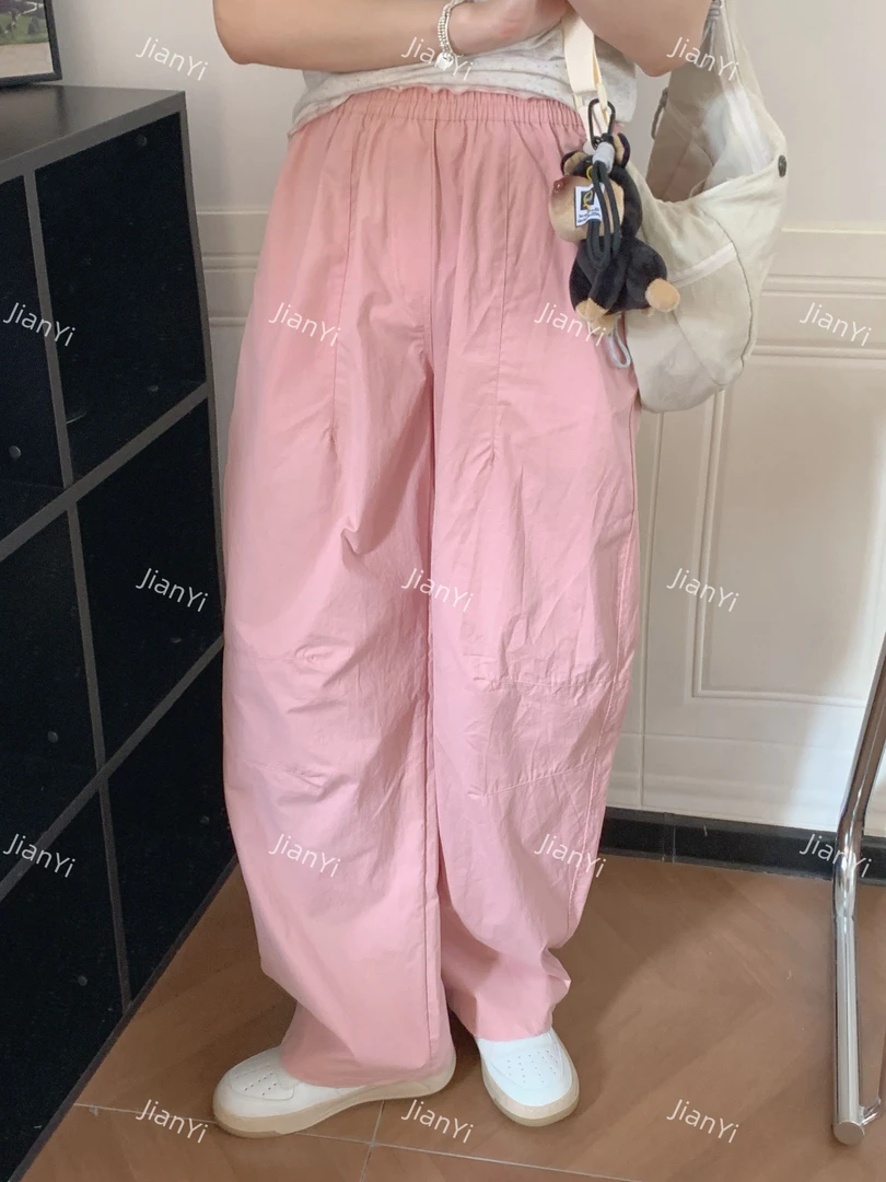 春夏新款工装风阔腿裤松紧腰高腰膝盖拼接纯色显瘦休闲裤-6719