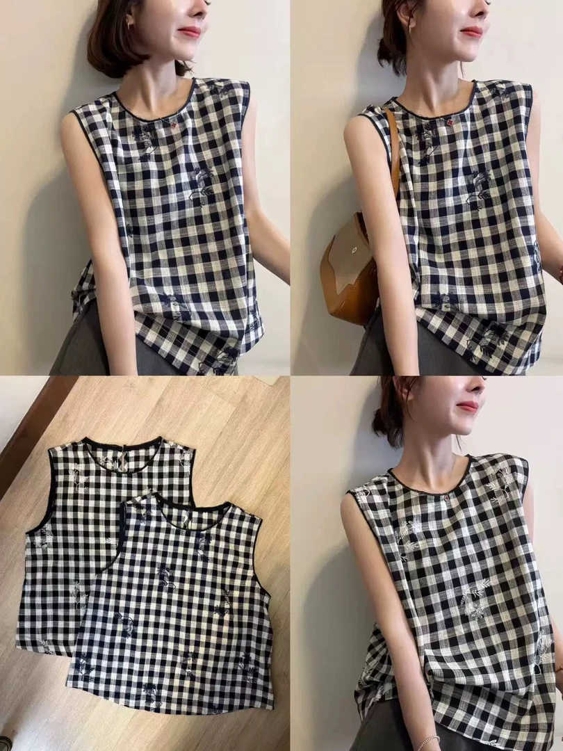 夏季百搭刺绣撞色格子无袖衬衫女59CM