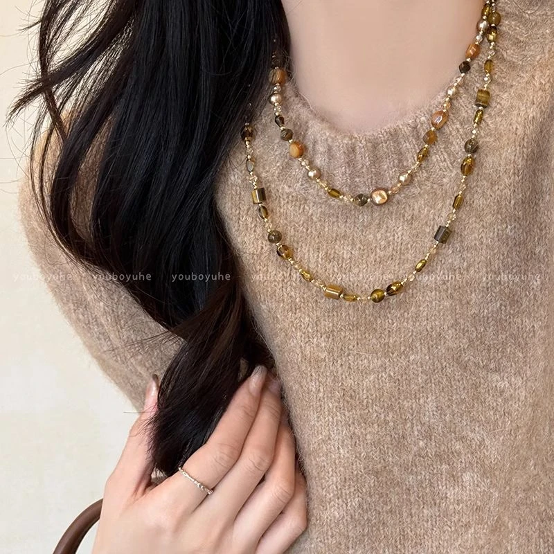 纯铜大理石项链 美拉德虎眼石咖色水晶串珠项链女小众时尚高级感