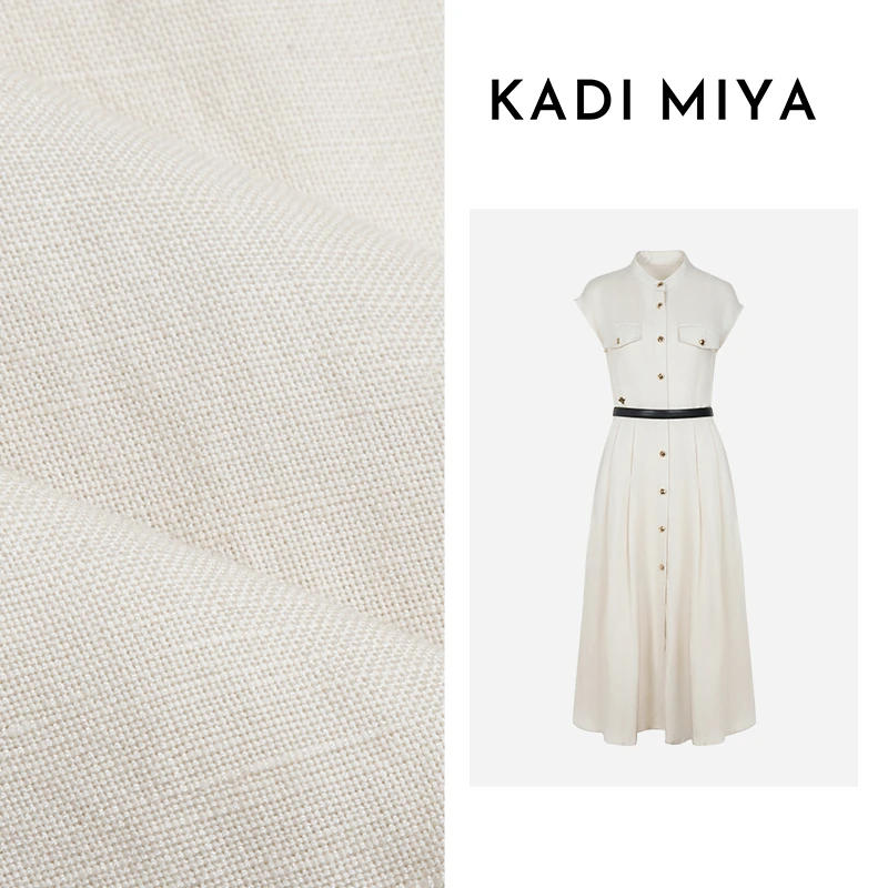 KADIMIYA【轻奢原麻】法式老钱风收腰连衣裙气质亚麻立领中长裙新款