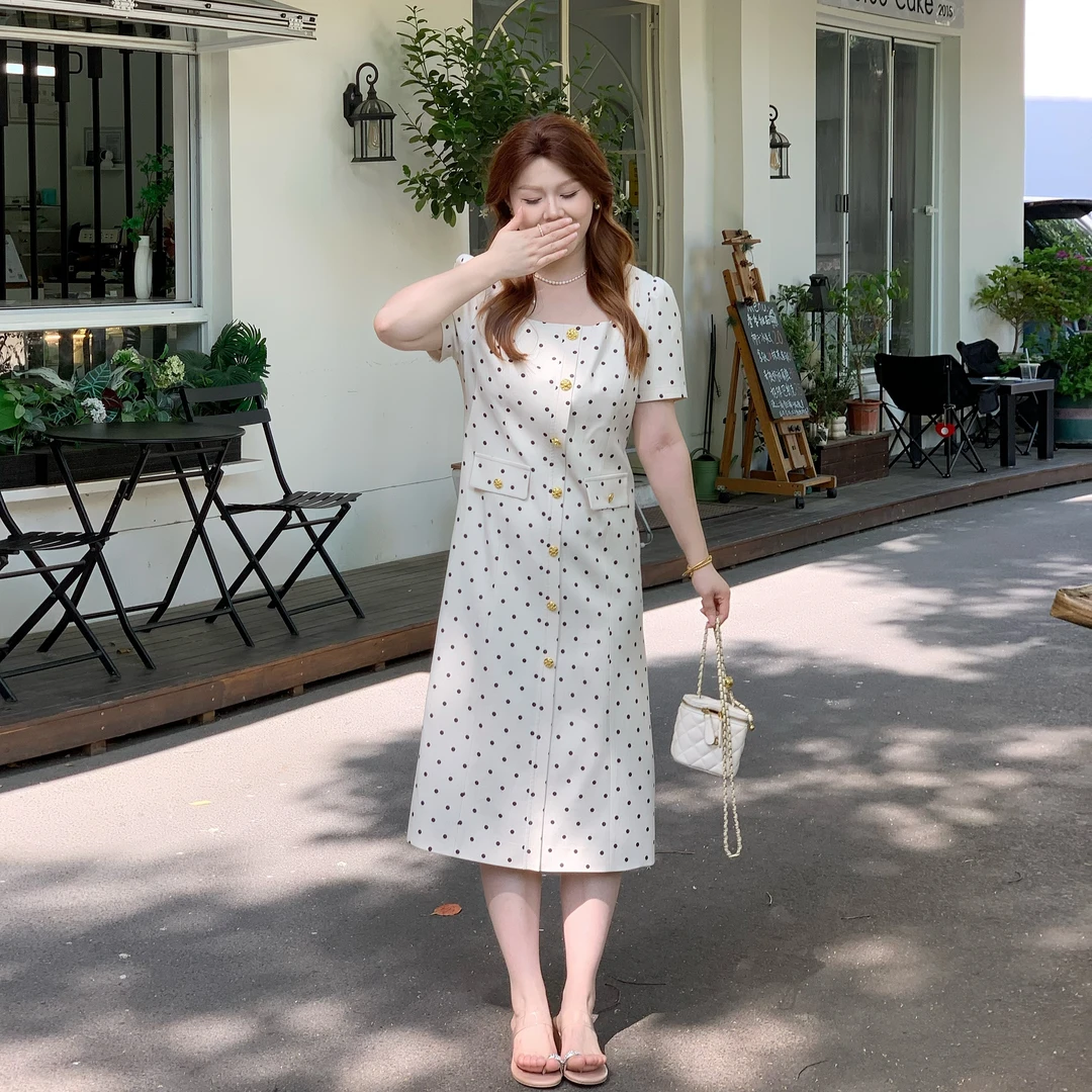 楠序樱桃微胖女装2025夏季新款方领显瘦减龄波点连衣裙女DD10313