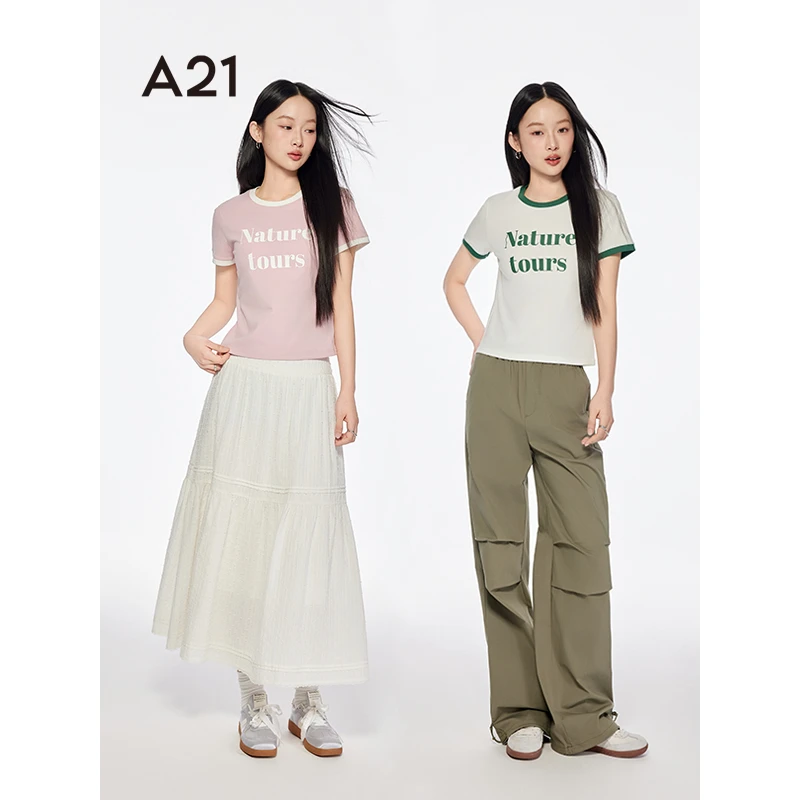 A21女装夏季修身圆领假两件时尚休闲短袖T恤F452231069