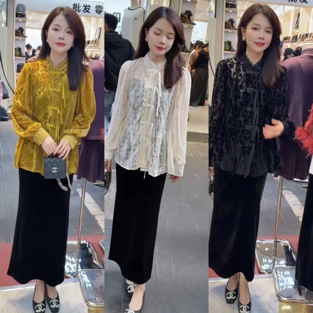 新中式国风丝绒衬衫女圆领长袖设计感小众春款上衣2030