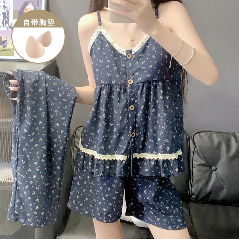 蓝色碎花带胸垫睡衣女款三件套夏季爆款甜美风吊带短裤长裤家居服