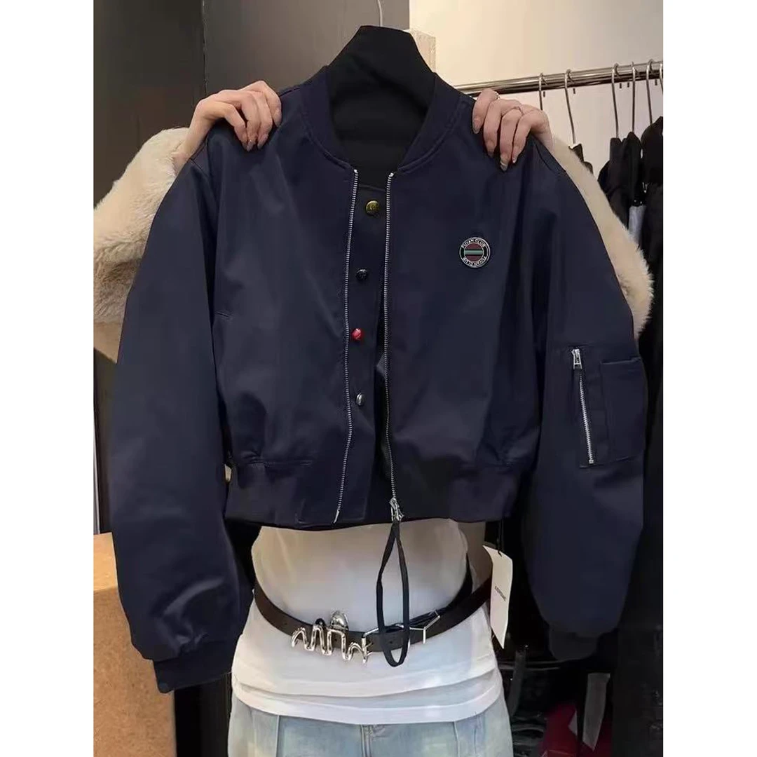 藏蓝色棒球服外套女2025春秋季新款美式vintage高街情侣飞行夹克