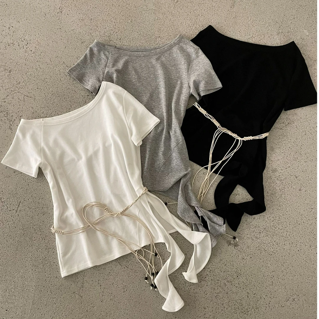 十三行蜜糖社-夏季福秒斜肩基础款短袖T恤#7833