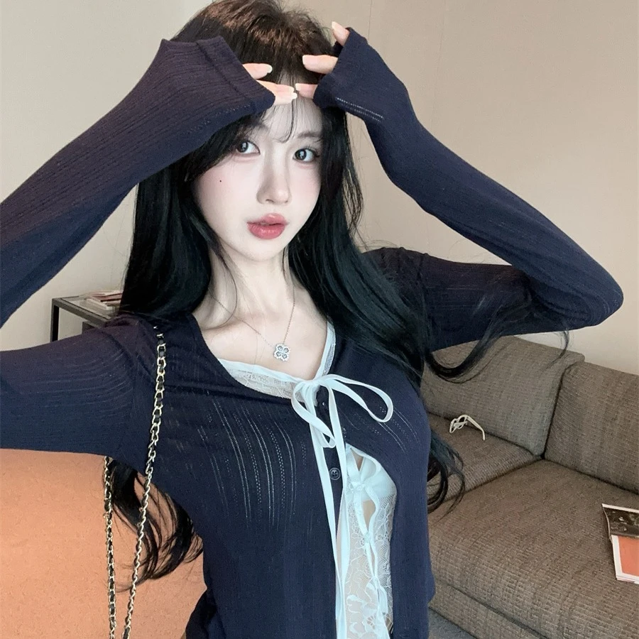 假两件蕾丝拼接针织开衫女秋冬纯欲辣妹v领上衣巨好看绝美小外套