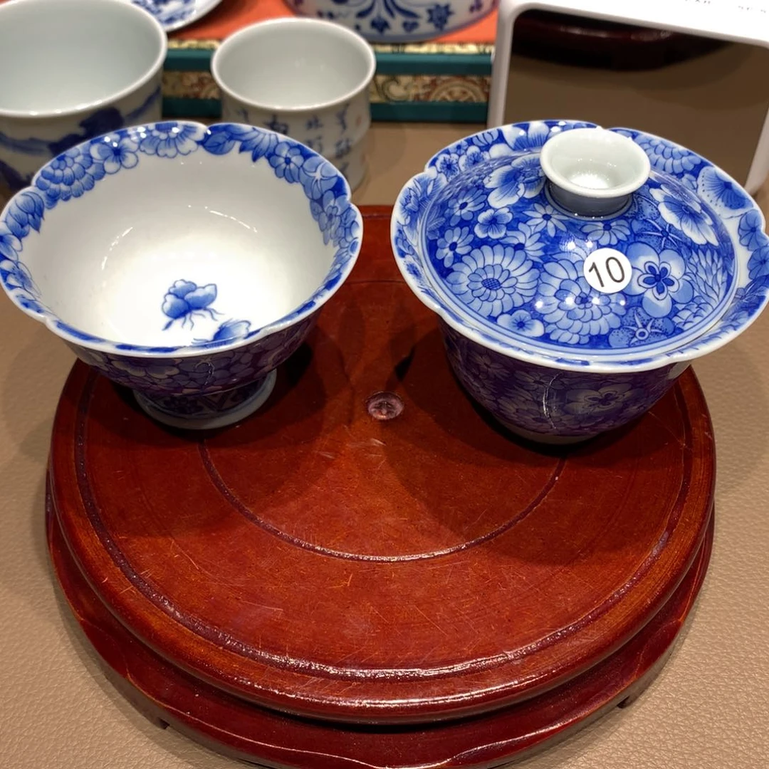 摆件?***豫10青花万花盖碗杯子一套
