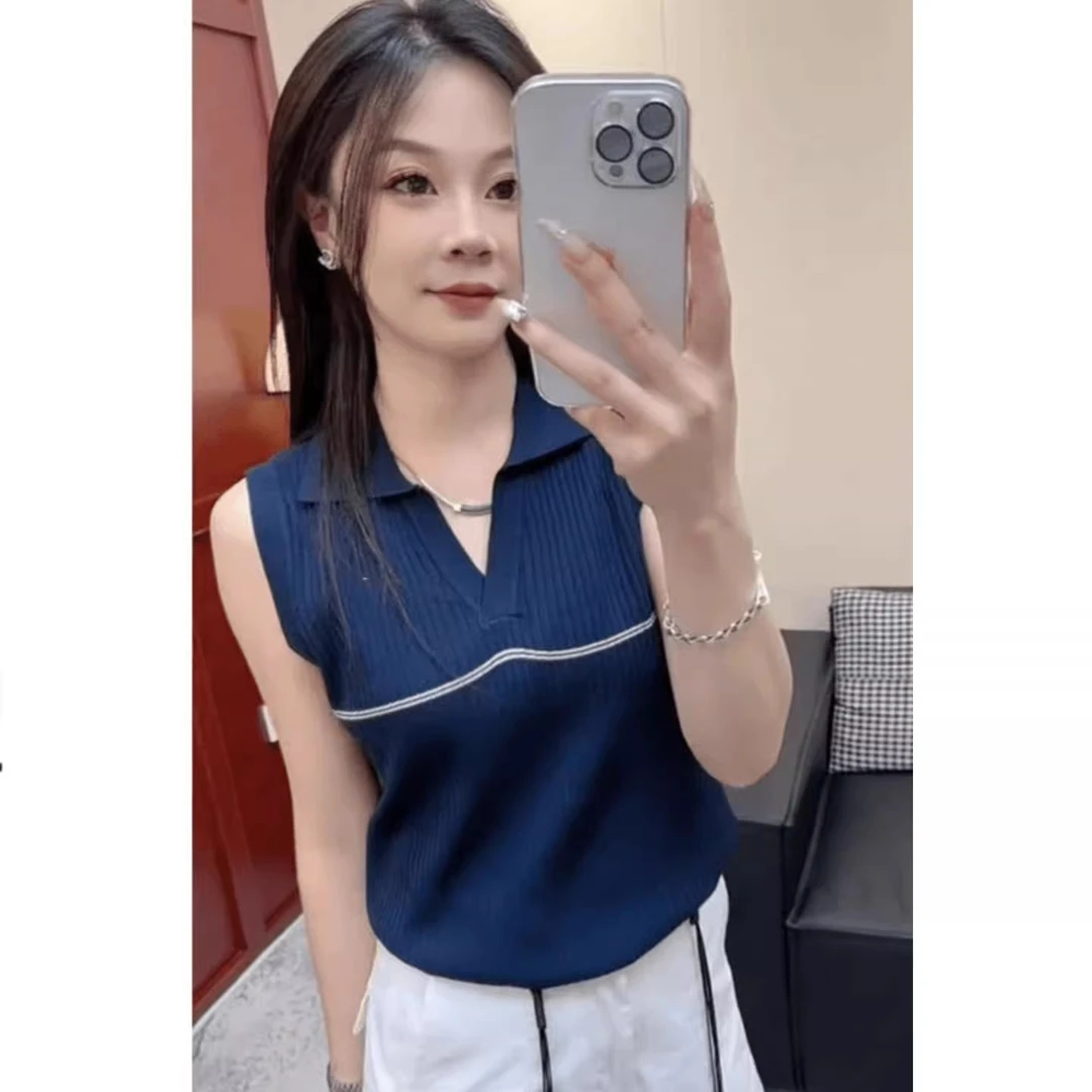 韩系复古条纹polo领冰丝针织背心女夏外穿修身显瘦高级感无袖上衣