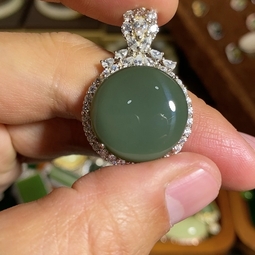 【闪购商品】吊坠(不含链)银S925镶嵌和田玉（碧玉）