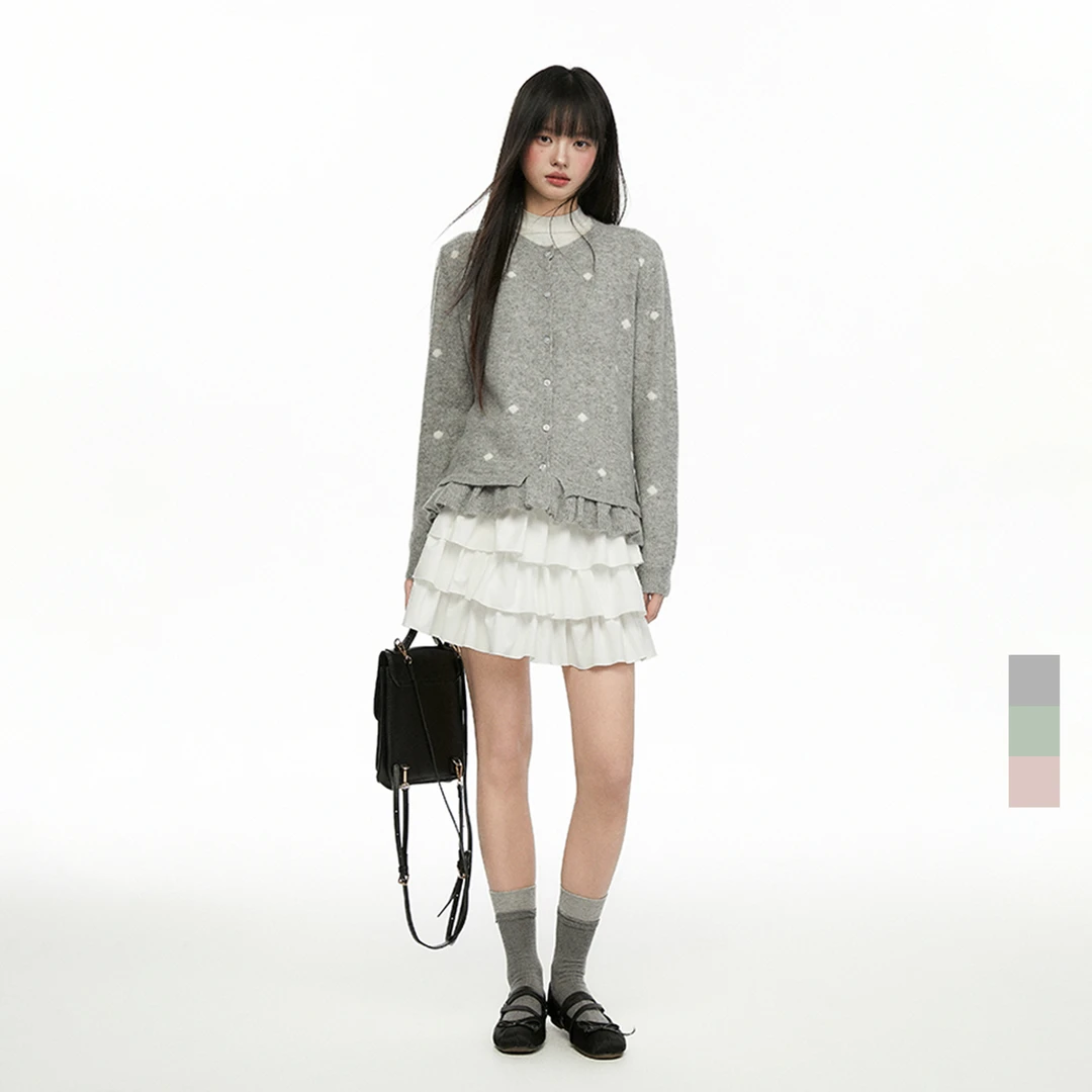 CyNi 甜美休闲短款拼接显瘦波点木耳边针织开衫圆领毛衣外套女