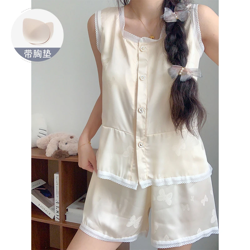 冰丝睡衣女款夏季带胸垫无袖背心2025新款甜美蝴蝶花边家居服套装