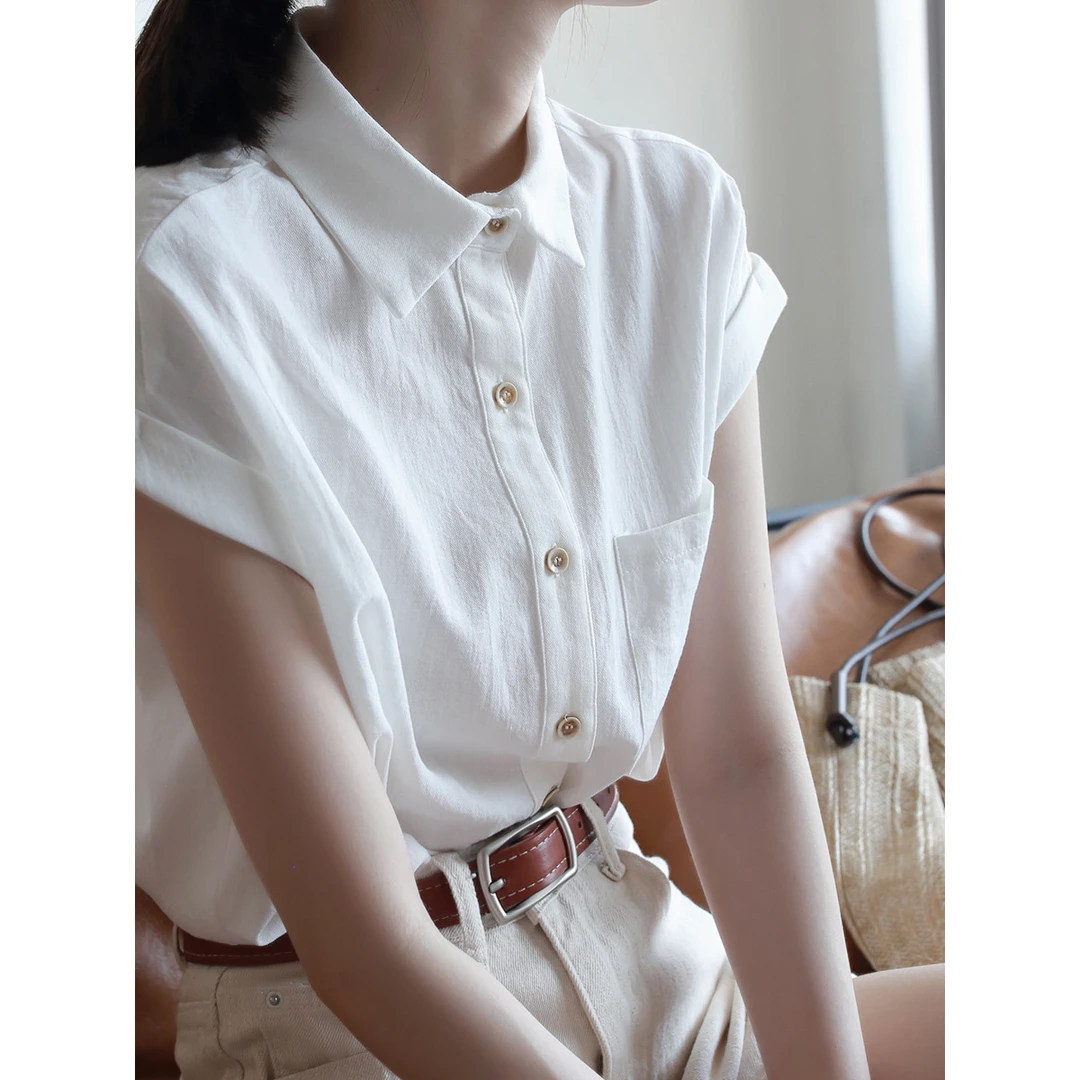 法式棉麻白色短袖衬衫女夏季新款设计感短款衬衣飞飞袖上衣