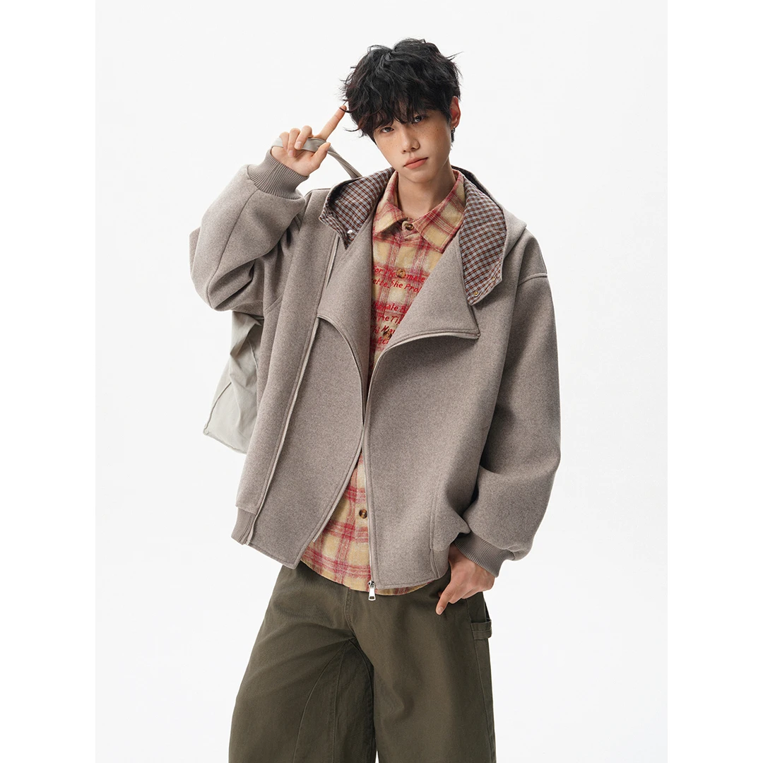 美式燕麦色毛呢大衣男款潮牌秋冬季宽松休闲百搭运动拉链连帽外套