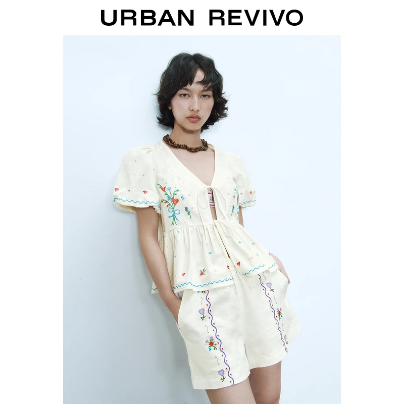 UR2025春季新款女装波嬉风V领刺绣系带短袖开襟衬衫UYL250023