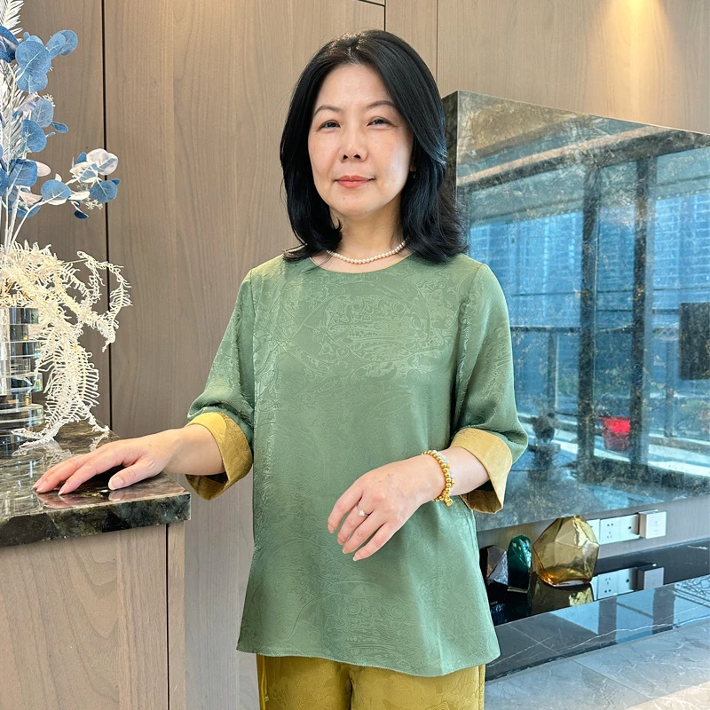 妈妈装新中式圆领中袖优雅提花宽松上衣短款夏季新款B-2569