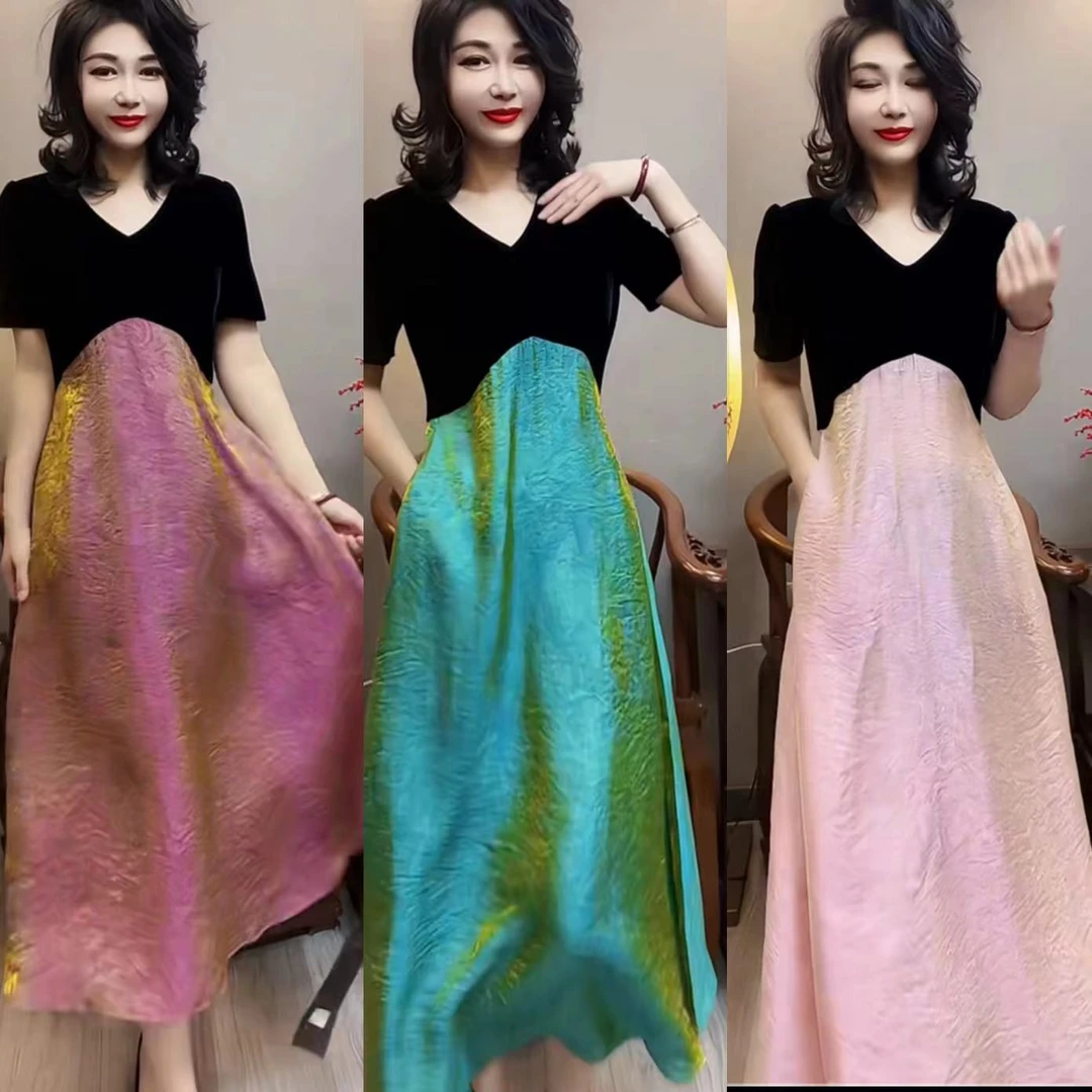 夏季中长款拼接显瘦百搭韩版国风连衣裙V领款