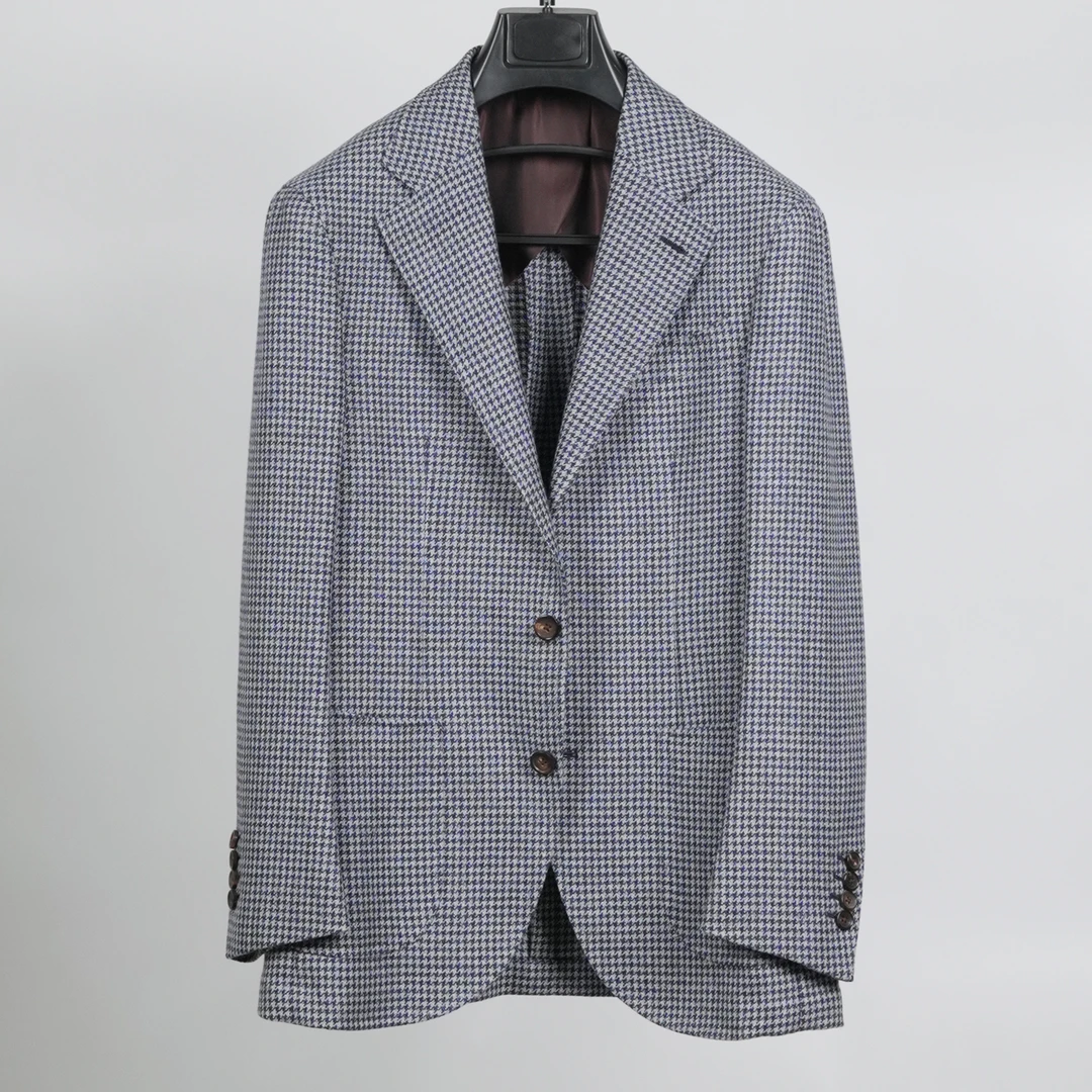 【杰N亚孤品6号】50%羊毛50%亚麻ME蓝白千鸟格380g【单西】时尚西装