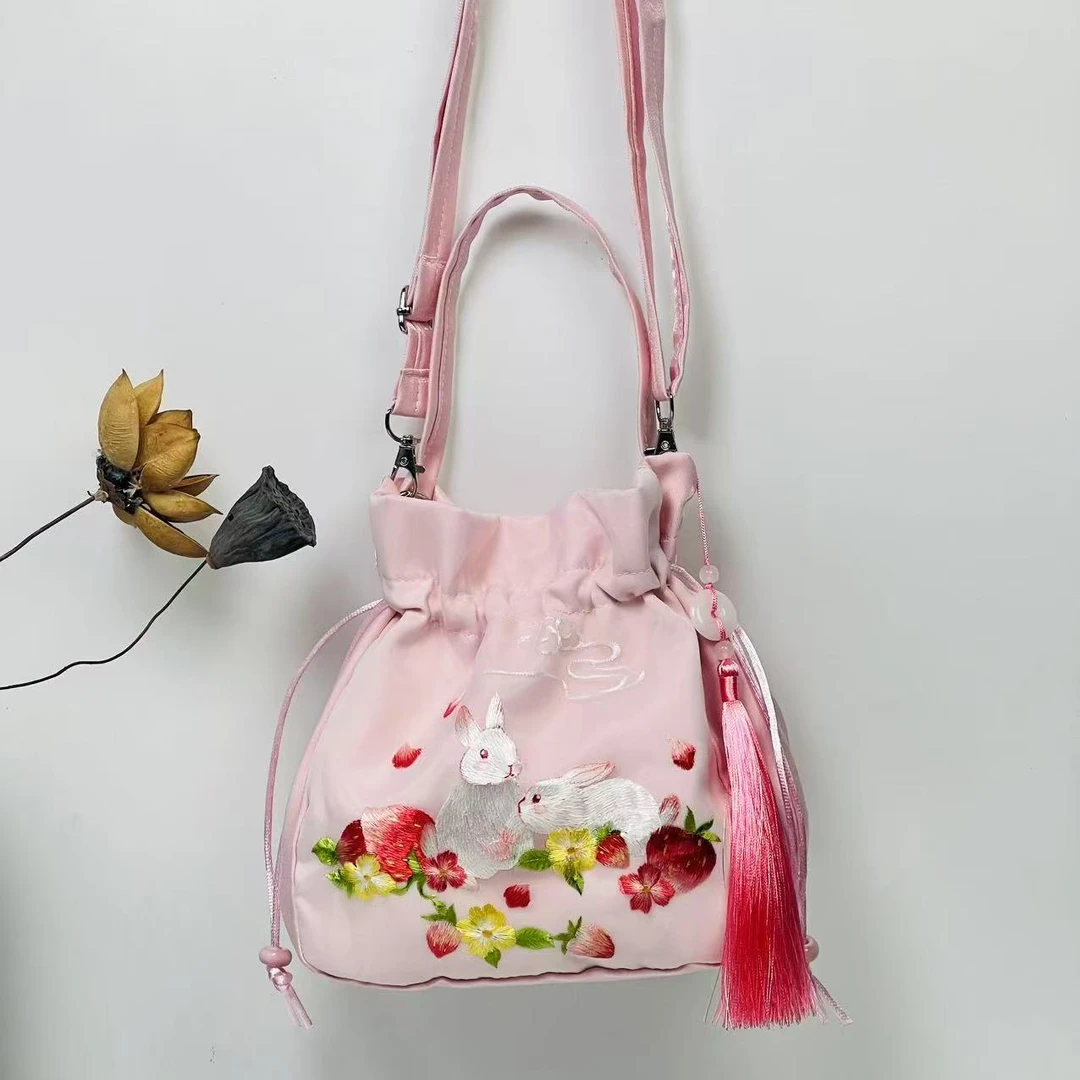 （粉色）草莓兔子大包苏绣非遗刺绣零钱钥匙化妆品杂物古装包