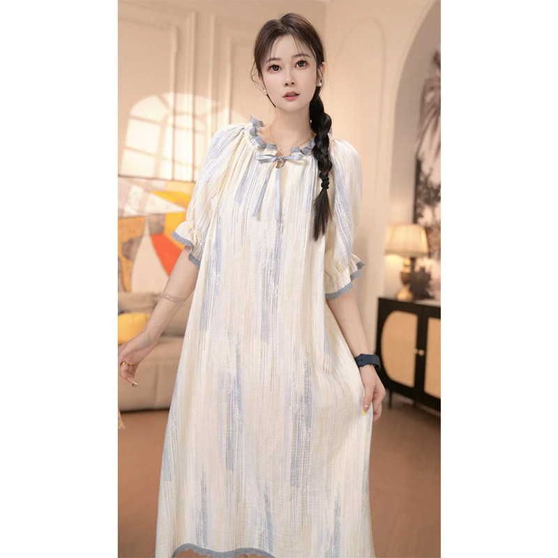 小布丁 睡裙女士夏季纯棉纱布宽松大码短袖中长款家居服