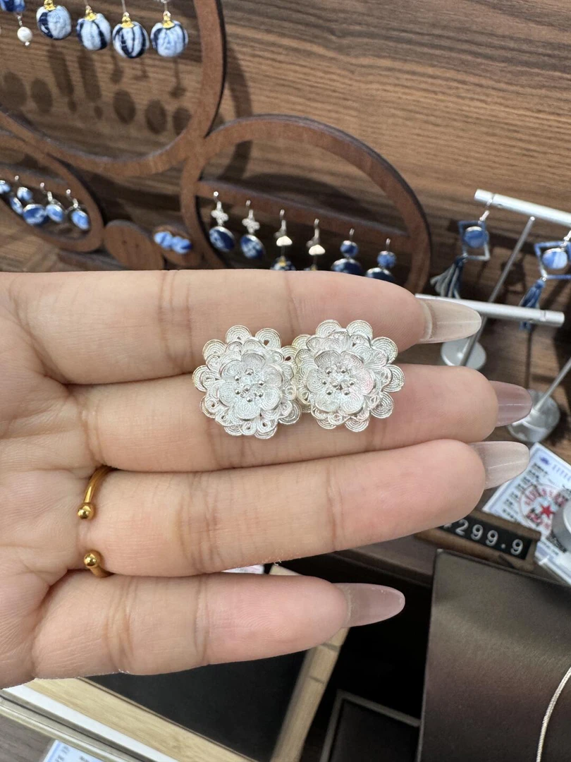 非金属珐琅耳饰 足银纯手工拉丝工艺菊花大花耳环立体大气