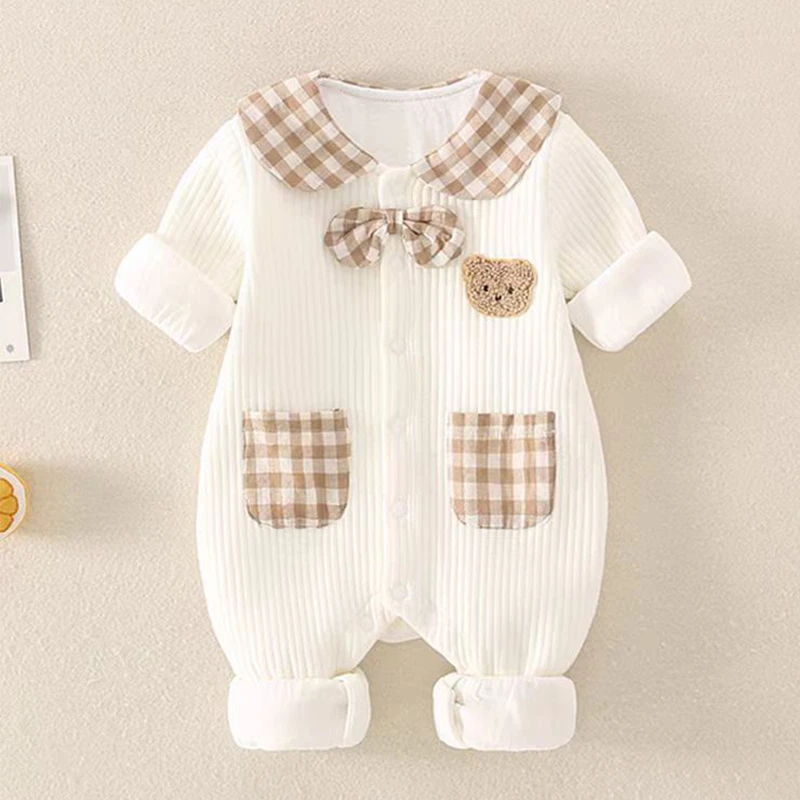 婴儿双层连体衣长袖春秋新生儿保暖哈衣睡衣宝宝洋气衣服春装