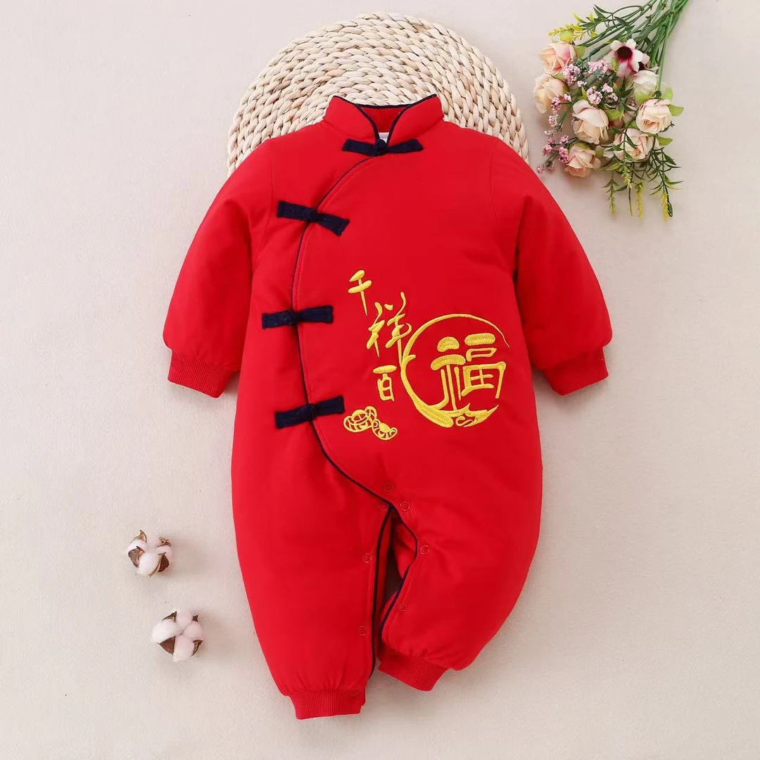 新生儿国风唐装薄棉纯棉春秋款连体衣哈衣国风刺绣贴身大红喜庆