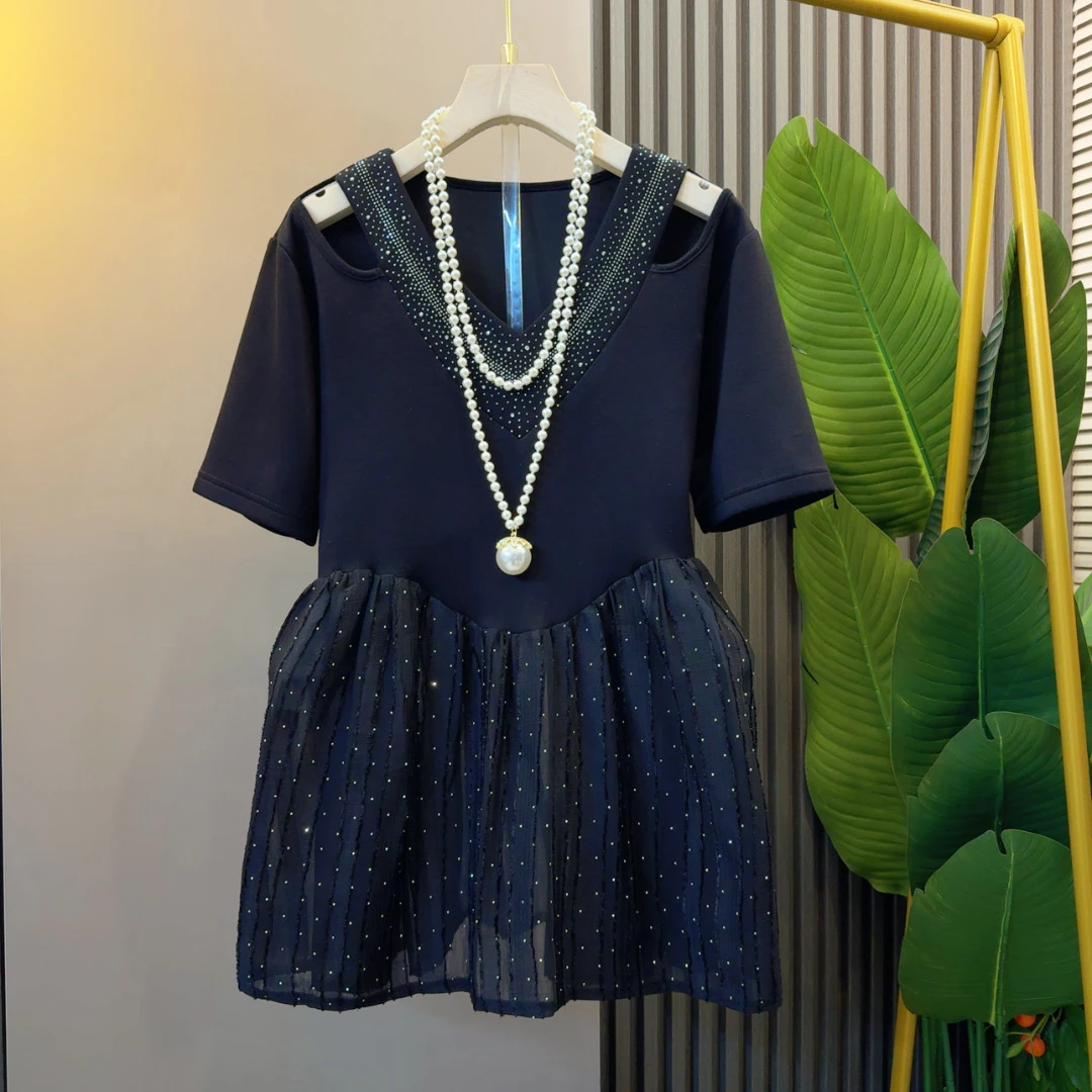 欧洲站性感露肩时尚细闪显瘦气质小衫衣长70左右网红T恤